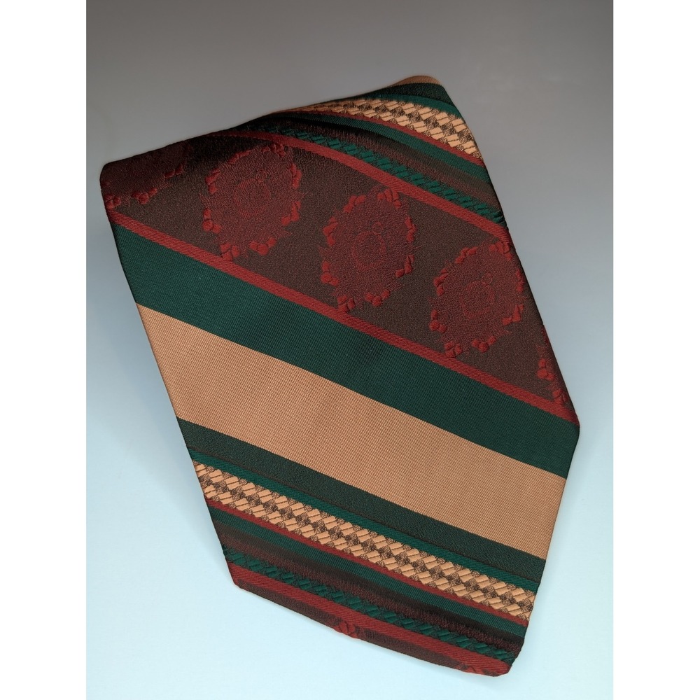 Vintage Wembley Wemlon Washable Mens Tie Green Brown Tan Striped Floral Retro
